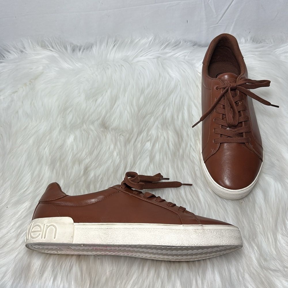 Calvin Klein Riley Men's Carmel Brown Leather Casual Sneakers Sz 10.5